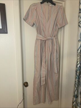 Madewell Peach and Light Blue Striped Jumpsuit with Tie Waist